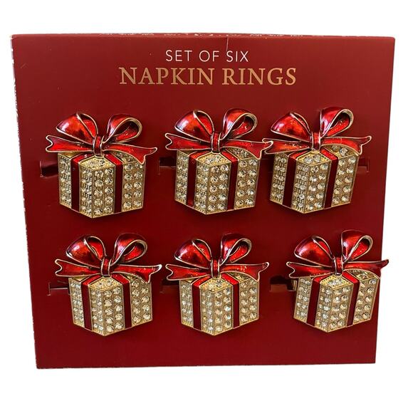Envogue Rhinestone CHRISTMAS Present Napkin Rings Set of 6 Holiday Red Gold New - Picture 11 of 13